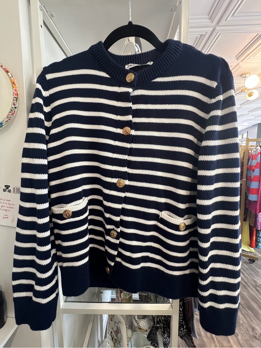 Zara Navy and White Striped gold Button-Front Cardigan